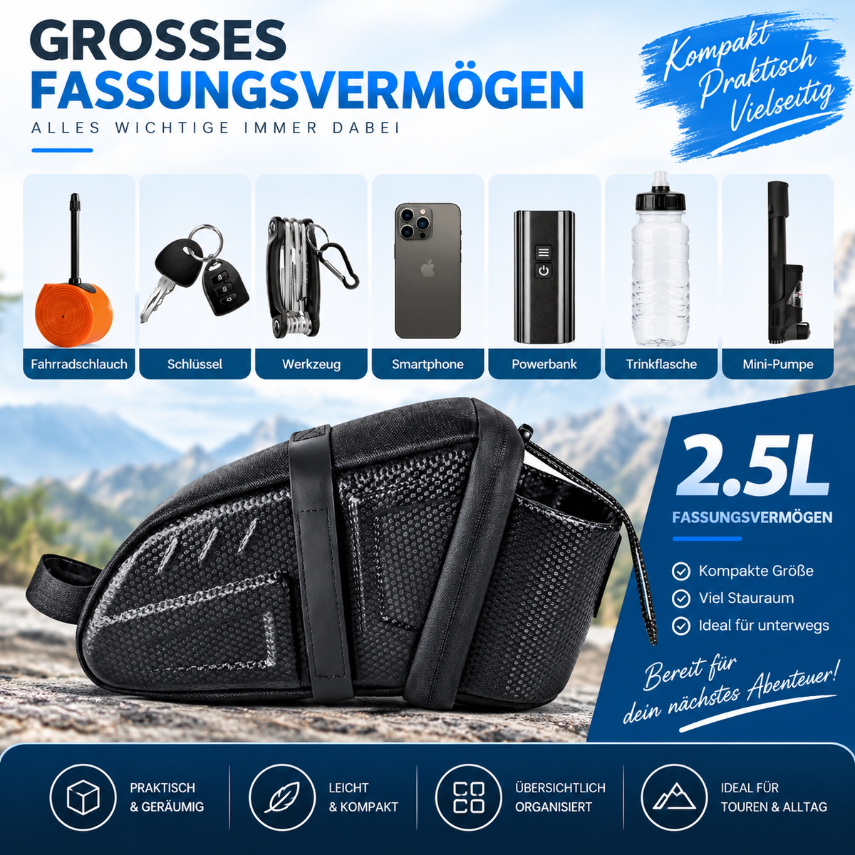 NEWBOLER Fahrradtasche Satteltasche 2,5L Wasserdicht MTB Rennrad Werkzeugtasche