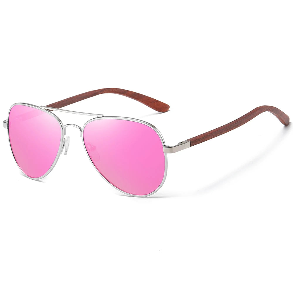Piloten Sonnenbrille Polarisiert UV400 Holz Bügel Edelstahl Retro Unisex