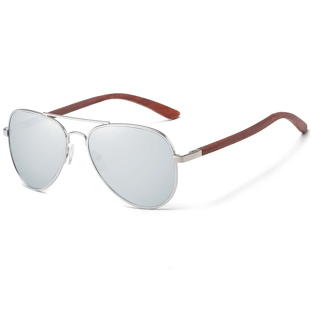 Piloten Sonnenbrille Polarisiert UV400 Holz Bügel Edelstahl Retro Unisex