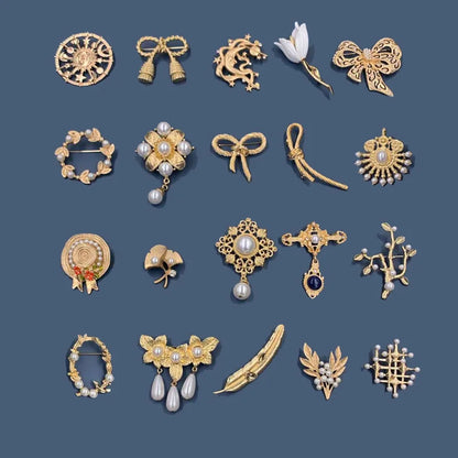 Vintage Gold Farbe Perle Barock Stern Mond Bogen Tulpe Ginkgo Brosche Pin Für Frau Retro Palace Metall Exquisite Badgses Schmuck