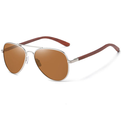 Piloten Sonnenbrille Polarisiert UV400 Holz Bügel Edelstahl Retro Unisex