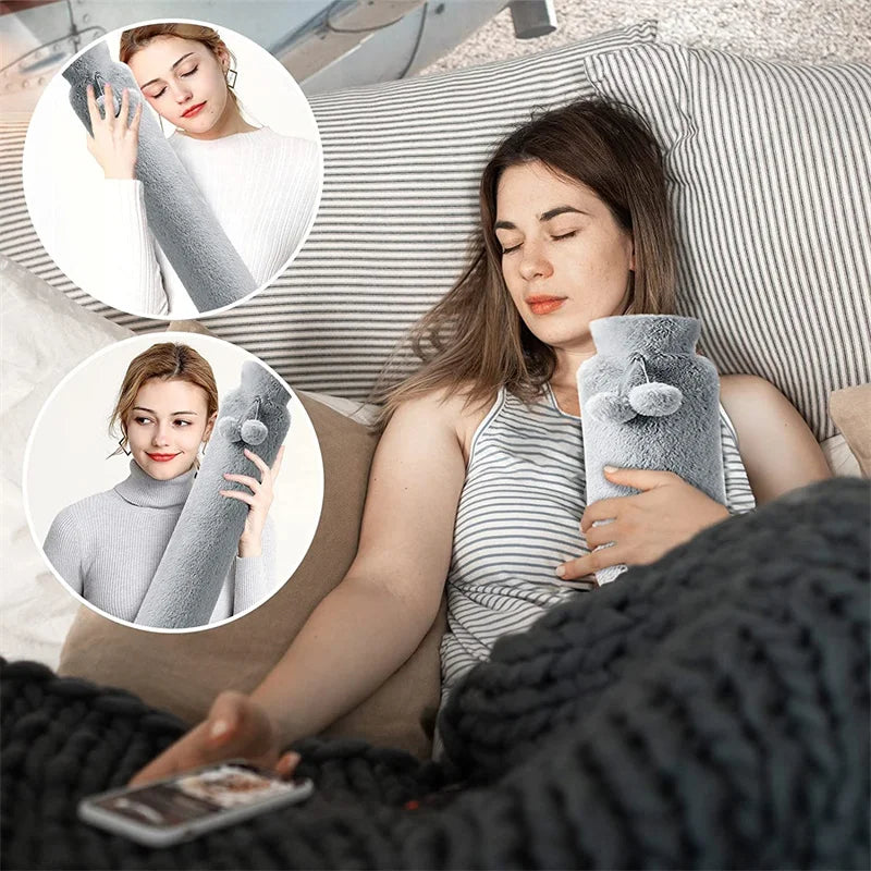 Extra lange Wärmflasche 76 x 11 cm (2000 ml)- Wärmflasche mit abnehmbarer Tasche in Rosa/Grau – Hand-, Fuß- & Taillenwärmer aus PVC