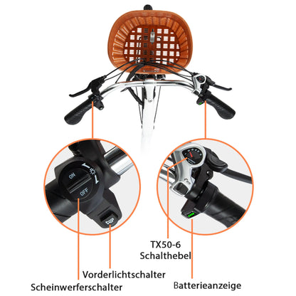 Elektrisches 26-Zoll Citybike| 250W Motor, 36V 14,5Ah Akku - mit Korb & Gepäckträger und 36 Monaten Gewährleistung
