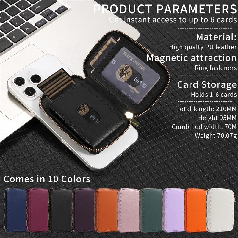 Magnetische Leder Geldbörse-Hülle mit Kartenhalter & Reißverschluss – Handyhülle mit Standfunktion für iPhone 16 / 15 / 14 / 13 / 12 / 11 Pro Max (MagSafe)