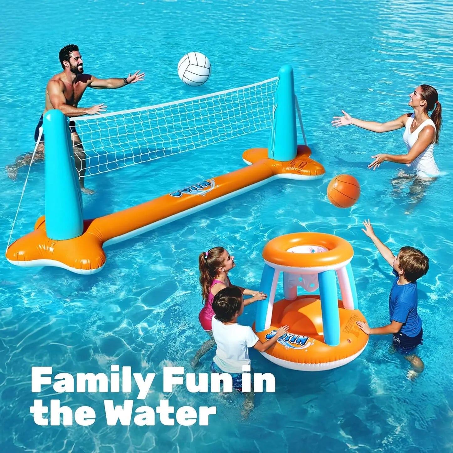 Sloosh Aufblasbares Pool-Float-Set mit Volleyballnetz & Basketballkörben – Schwimmende Party-Spiele & Aktivitäten für den Sommer