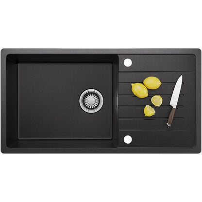86x45 cm Granit Küchenspüle Schwarz Quarzkomposit Einbauspüle mit Abtropffläche