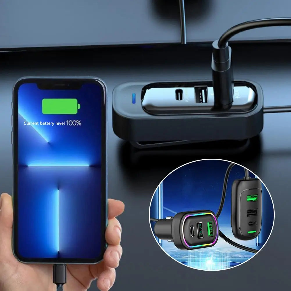 6-Port Auto-Ladegerät mit Front- & Heck-Erweiterung | USB & Type-C | Schnellladen mit RGB-Licht