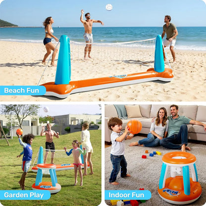 Sloosh Aufblasbares Pool-Float-Set mit Volleyballnetz & Basketballkörben – Schwimmende Party-Spiele & Aktivitäten für den Sommer