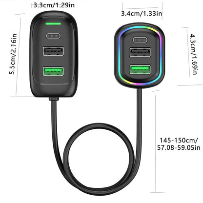 6-Port Auto-Ladegerät mit Front- & Heck-Erweiterung | USB & Type-C | Schnellladen mit RGB-Licht