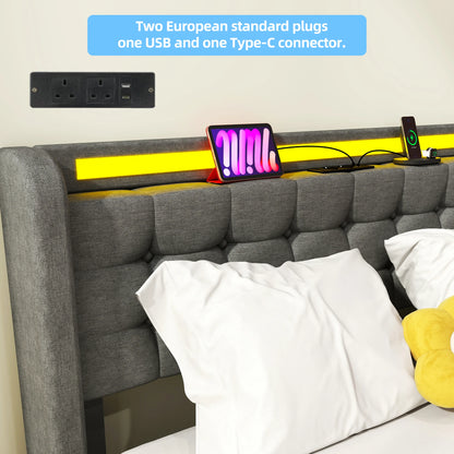 Polsterbett 90x 140x200 160x200 Bettkasten LED USB Stoffbett Doppelbett Bettgestell Grau