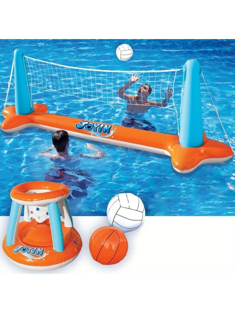 Sloosh Aufblasbares Pool-Float-Set mit Volleyballnetz & Basketballkörben – Schwimmende Party-Spiele & Aktivitäten für den Sommer