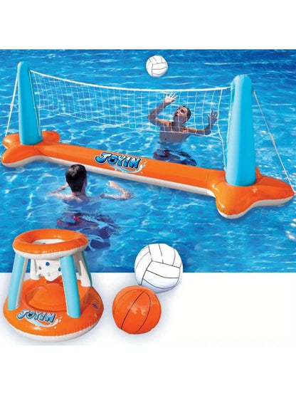 Sloosh Aufblasbares Pool-Float-Set mit Volleyballnetz & Basketballkörben – Schwimmende Party-Spiele & Aktivitäten für den Sommer