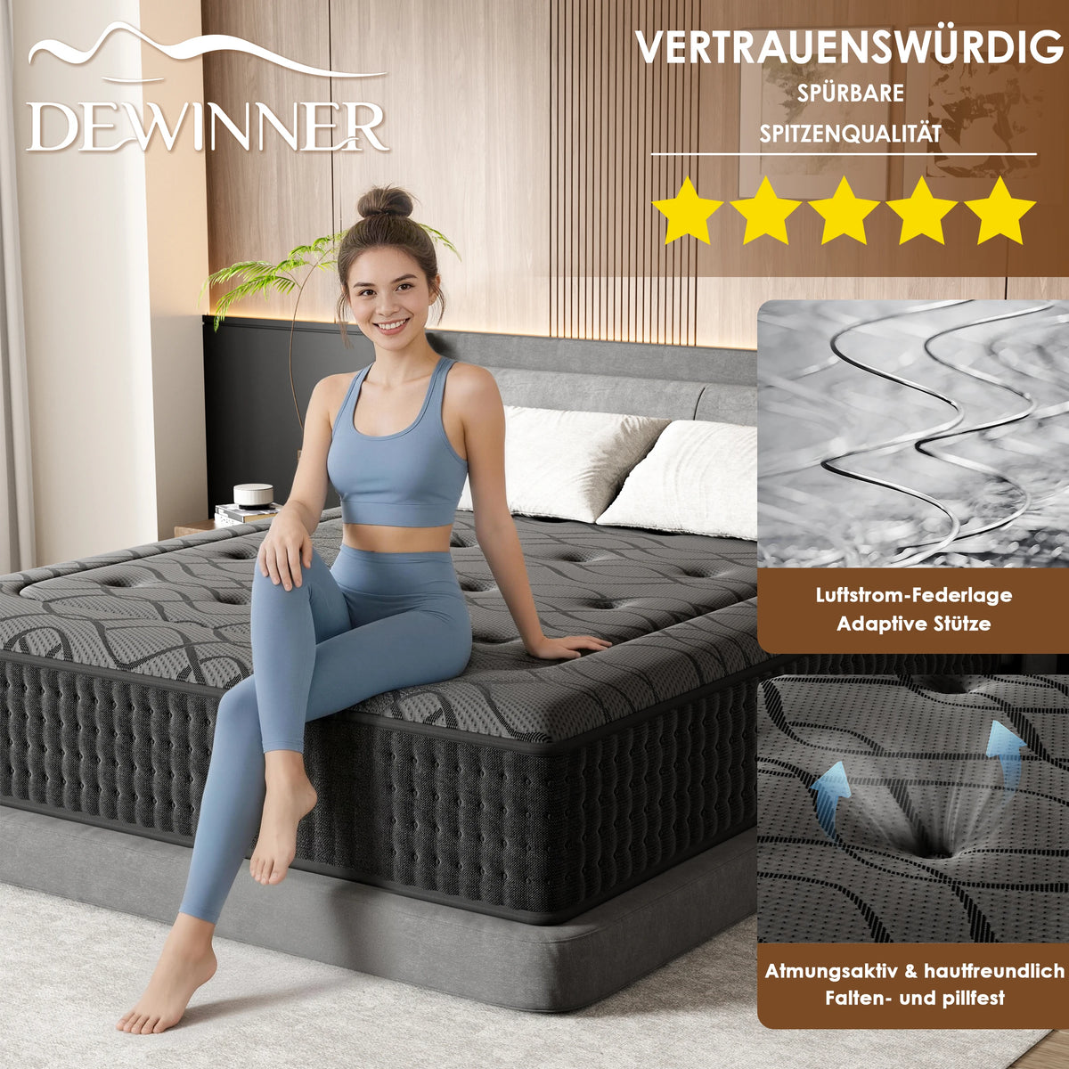 DEWINNER Hybridmatratze 140x200 30cm Taschenfederkern Memory Foam 7-Zonen OEKO-TEX