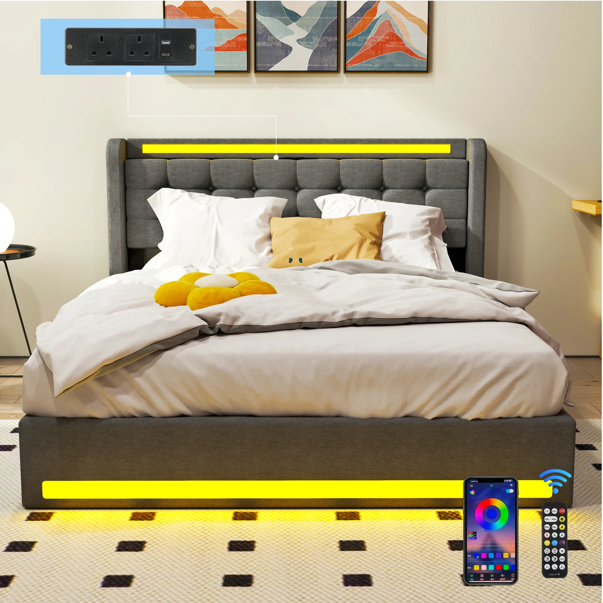 Polsterbett 90x 140x200 160x200 Bettkasten LED USB Stoffbett Doppelbett Bettgestell Grau