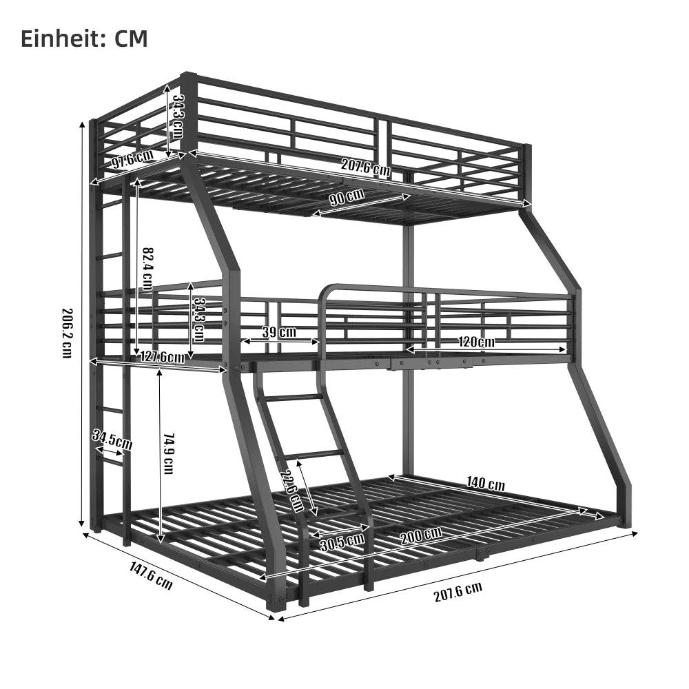 Dreifach Etagenbett 90x200 Metallbett 3 Personen Kinderbett Hochbett Stahlbett Schwarz