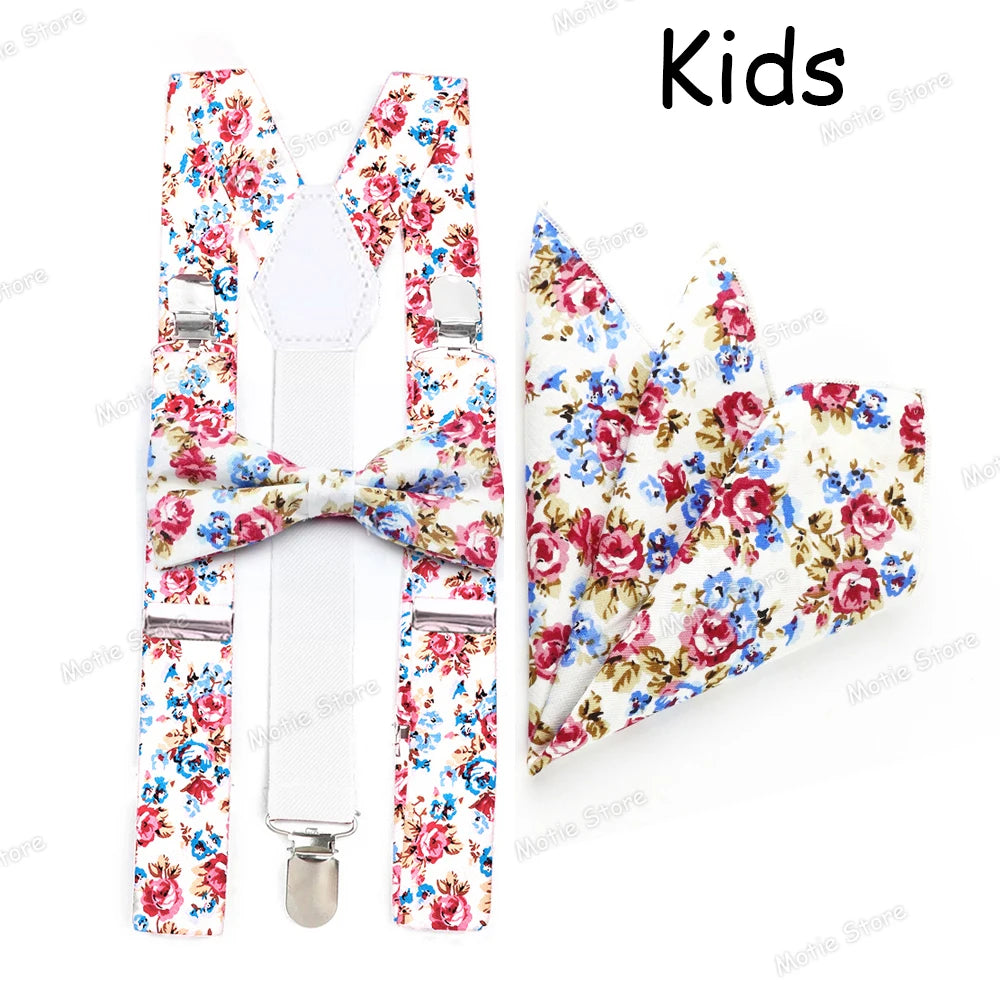 Hosenträger Set Herren Kinder 3-teilig Fliege Einstecktuch Blumenmuster Verstellbar