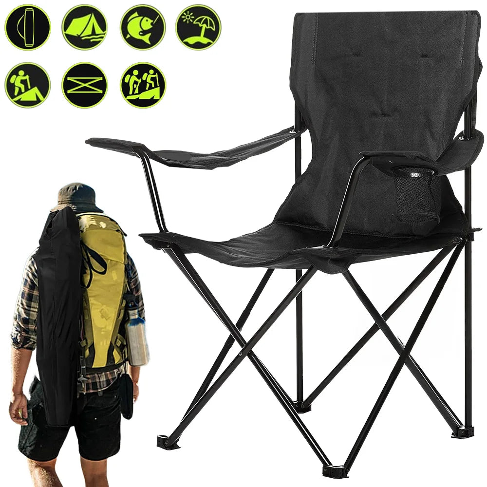Klappbarer Campingstuhl – Outdoor Angelstuhl Strandstuhl Faltstuhl mit Getränkehalter & Tragetasche Schwarz