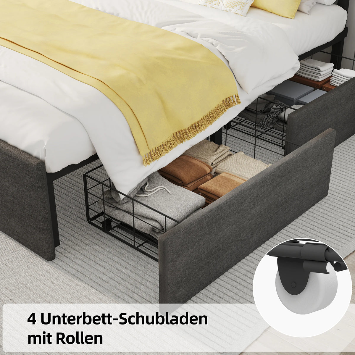 Polsterbett 140x200 cm mit 4 Schubladen LED Stoffbett Doppelbett Bettgestell Grau