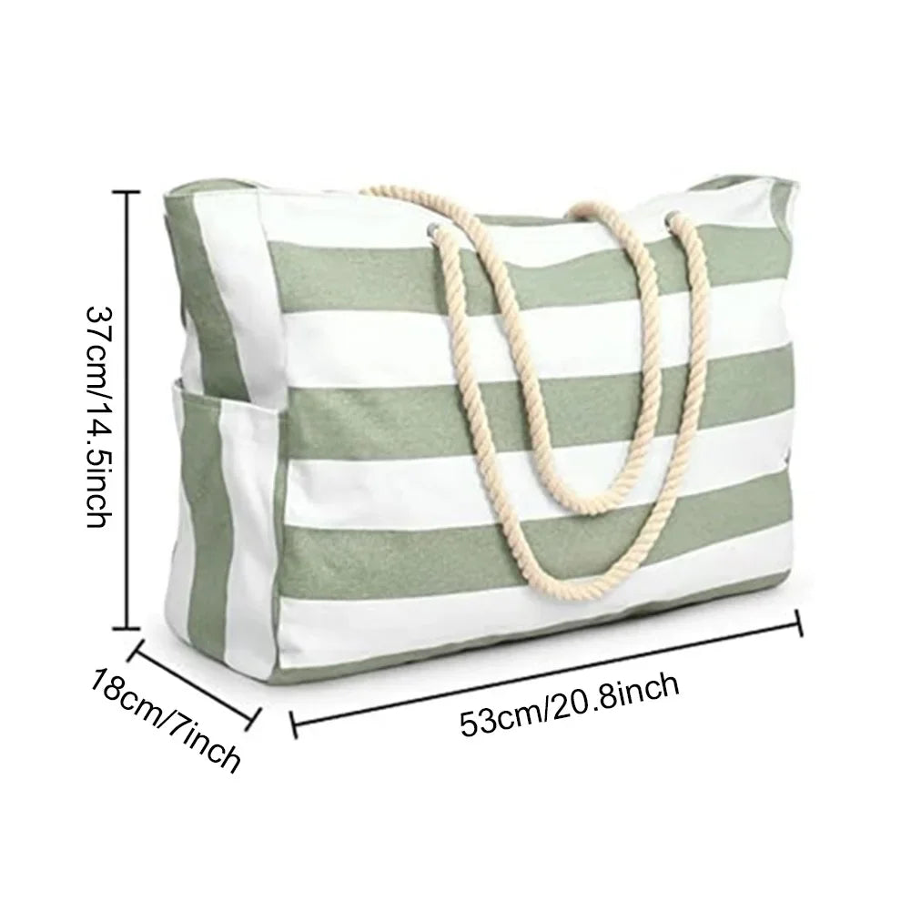 Gestreifte Strandtasche mit Reißverschluss, große Strandtasche, wasserdicht, sanddicht, Schwimmbad-Leinentasche mit Reißverschluss für Damen