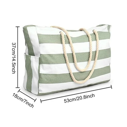 Gestreifte Strandtasche mit Reißverschluss, große Strandtasche, wasserdicht, sanddicht, Schwimmbad-Leinentasche mit Reißverschluss für Damen