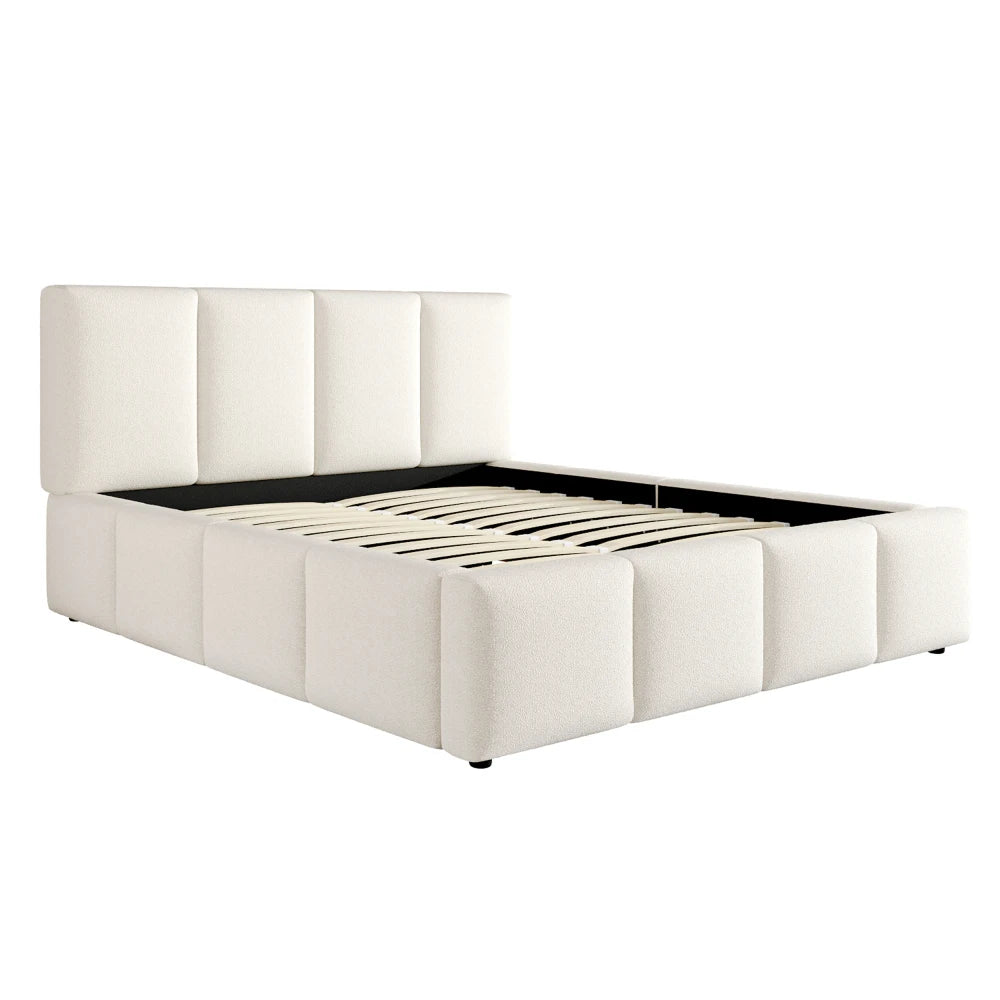 Polsterbett Bouclé Beige Doppelbett 160/180x200 cm Kopfteil Gittermuster Stauraum
