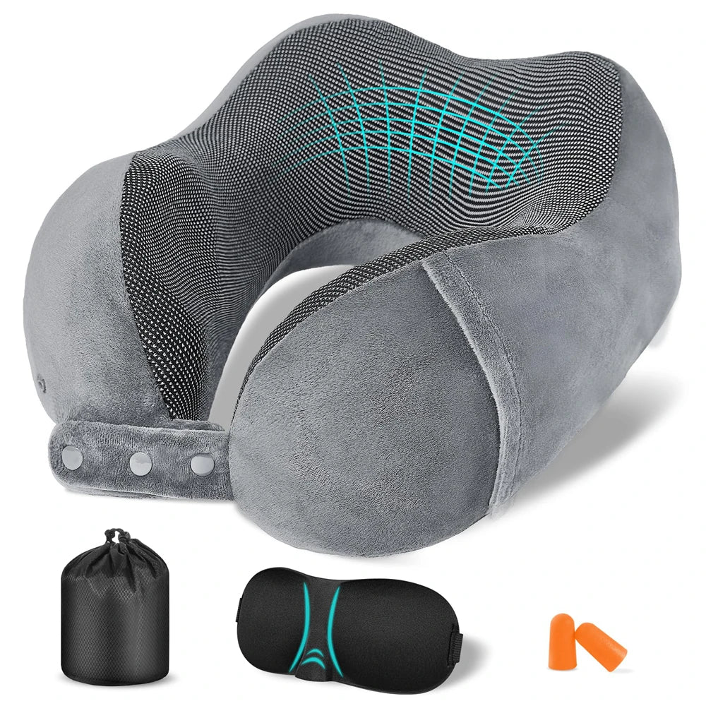 Reisekissen Set Memory Foam – Nackenkissen mit Schlafmaske Ohrstöpseln & Tragetasche Flug Reise
