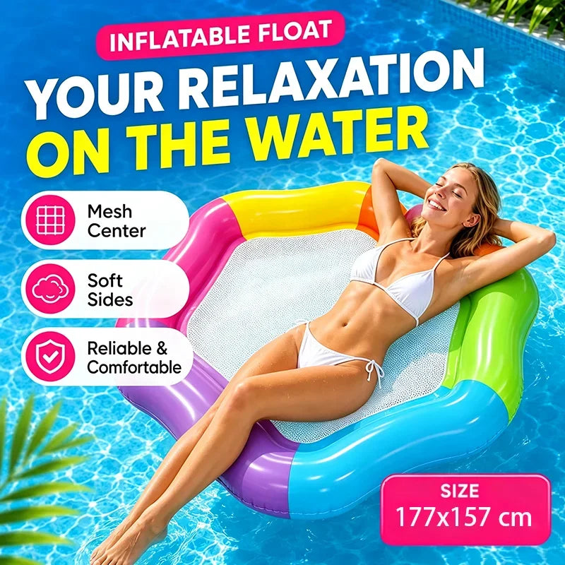 1 Stück Regenbogen-Hexagon aufblasbare Pool-Luftmatratze mit Netz-Sitzfläche, Wasser-Hängematte für Erwachsene, Sommer-Schwimmbad-Luftliege für Partys