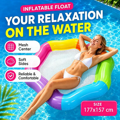 1 Stück Regenbogen-Hexagon aufblasbare Pool-Luftmatratze mit Netz-Sitzfläche, Wasser-Hängematte für Erwachsene, Sommer-Schwimmbad-Luftliege für Partys