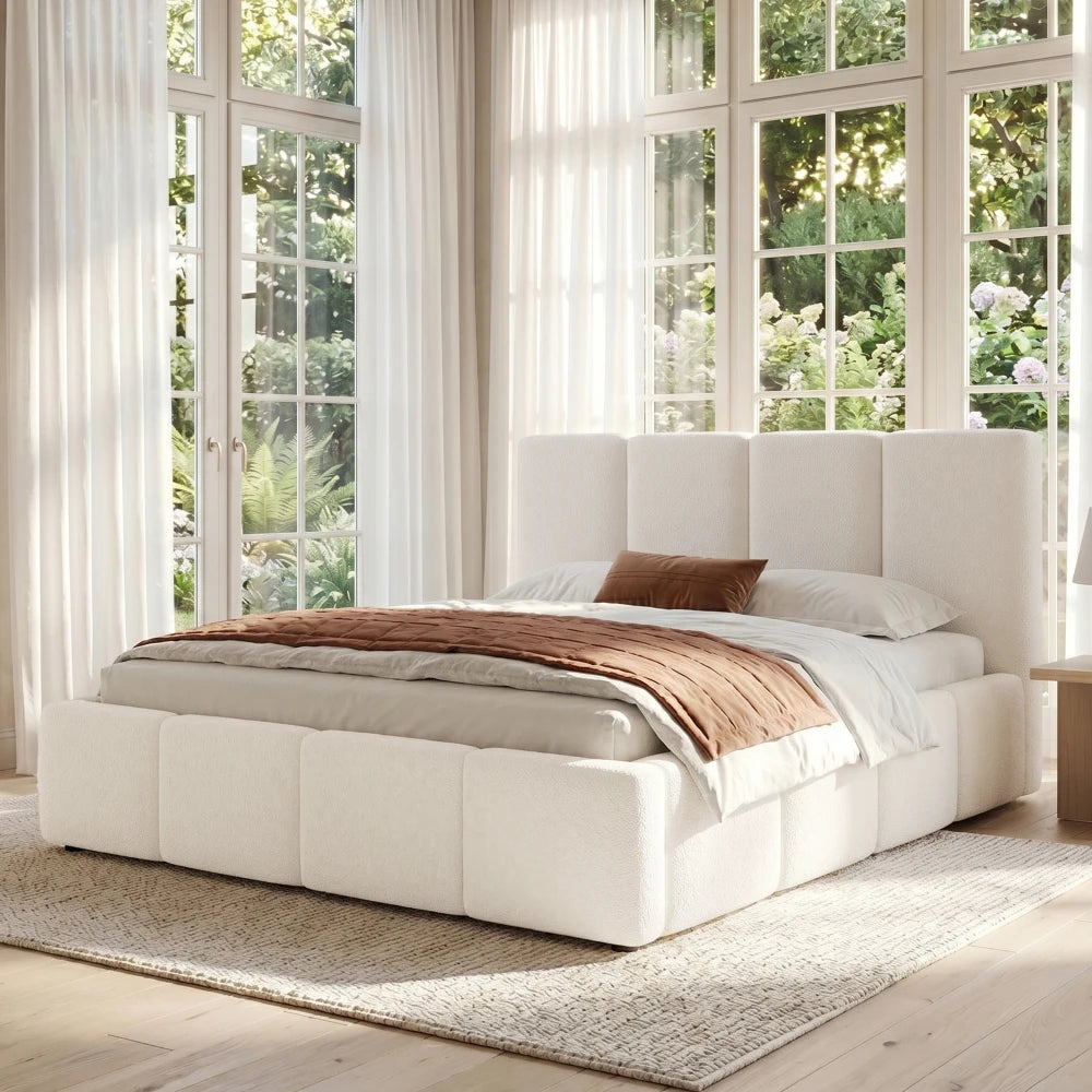 Polsterbett Bouclé Beige Doppelbett 160/180x200 cm Kopfteil Gittermuster Stauraum