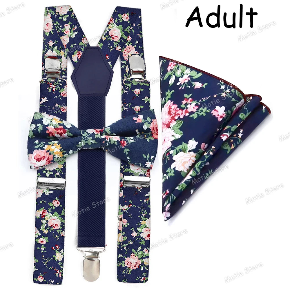 Hosenträger Set Herren Kinder 3-teilig Fliege Einstecktuch Blumenmuster Verstellbar