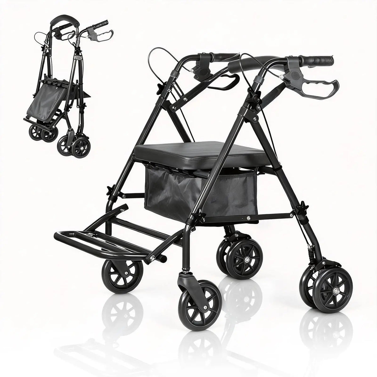 2-in-1 Rollator Rollstuhl Senioren Faltbar mit Sitz Fußstützen bis 136 kg
