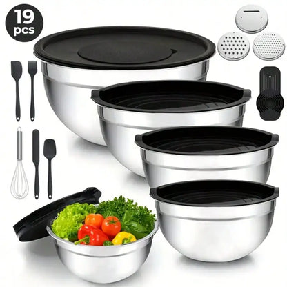 21tlg Rührschüssel Set Edelstahl mit Deckel Reibe Messlöffel Backen Küche