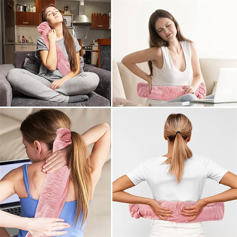 Extra lange Wärmflasche 76 x 11 cm (2000 ml)- Wärmflasche mit abnehmbarer Tasche in Rosa/Grau – Hand-, Fuß- & Taillenwärmer aus PVC