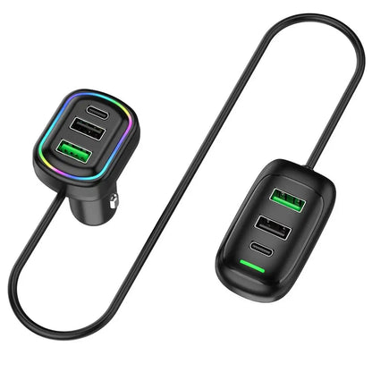 6-Port Auto-Ladegerät mit Front- & Heck-Erweiterung | USB & Type-C | Schnellladen mit RGB-Licht