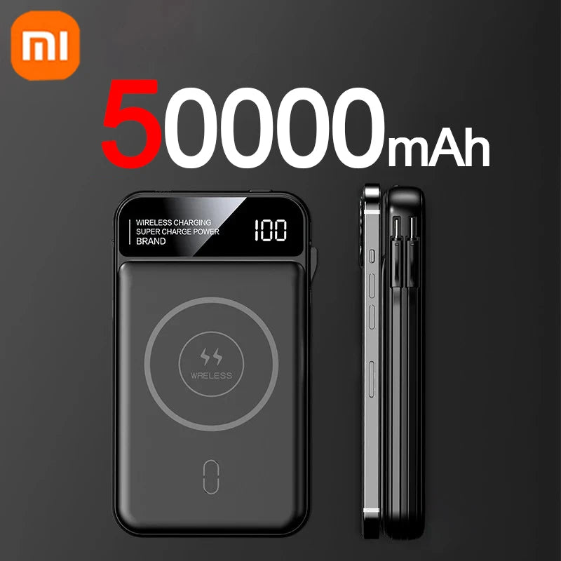 Powerbank 50000 mAh mit Magnetischer & Kabelloser Aufladung + Integrierte Kabel
