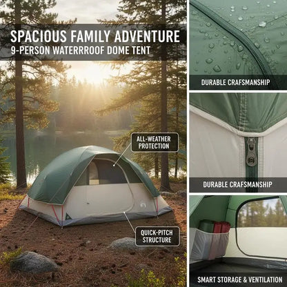 9 Personen Familienzelt Campingzelt Groß Wasserdicht Moskitonetz Grün Outdoor