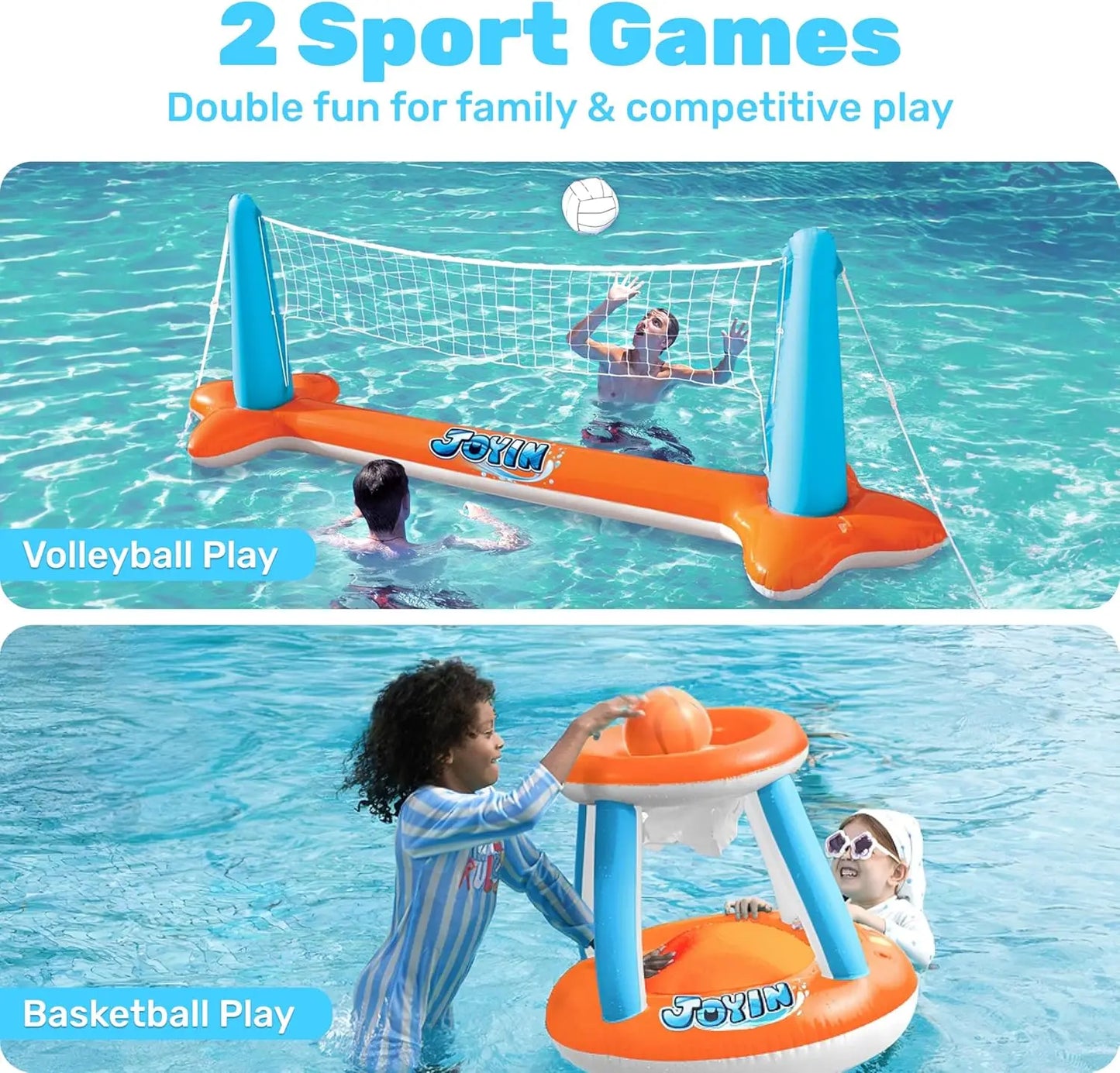 Sloosh Aufblasbares Pool-Float-Set mit Volleyballnetz & Basketballkörben – Schwimmende Party-Spiele & Aktivitäten für den Sommer