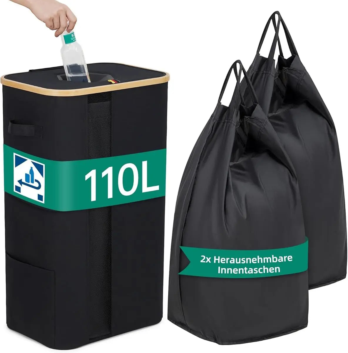 110L Faltbarer Aufbewahrungskorb mit Deckel, Doppelkammer-Wäschekorb, tragbarer Kleider- und Spielzeug-Organizer für Schlafzimmer, Badezimmer, Waschküche