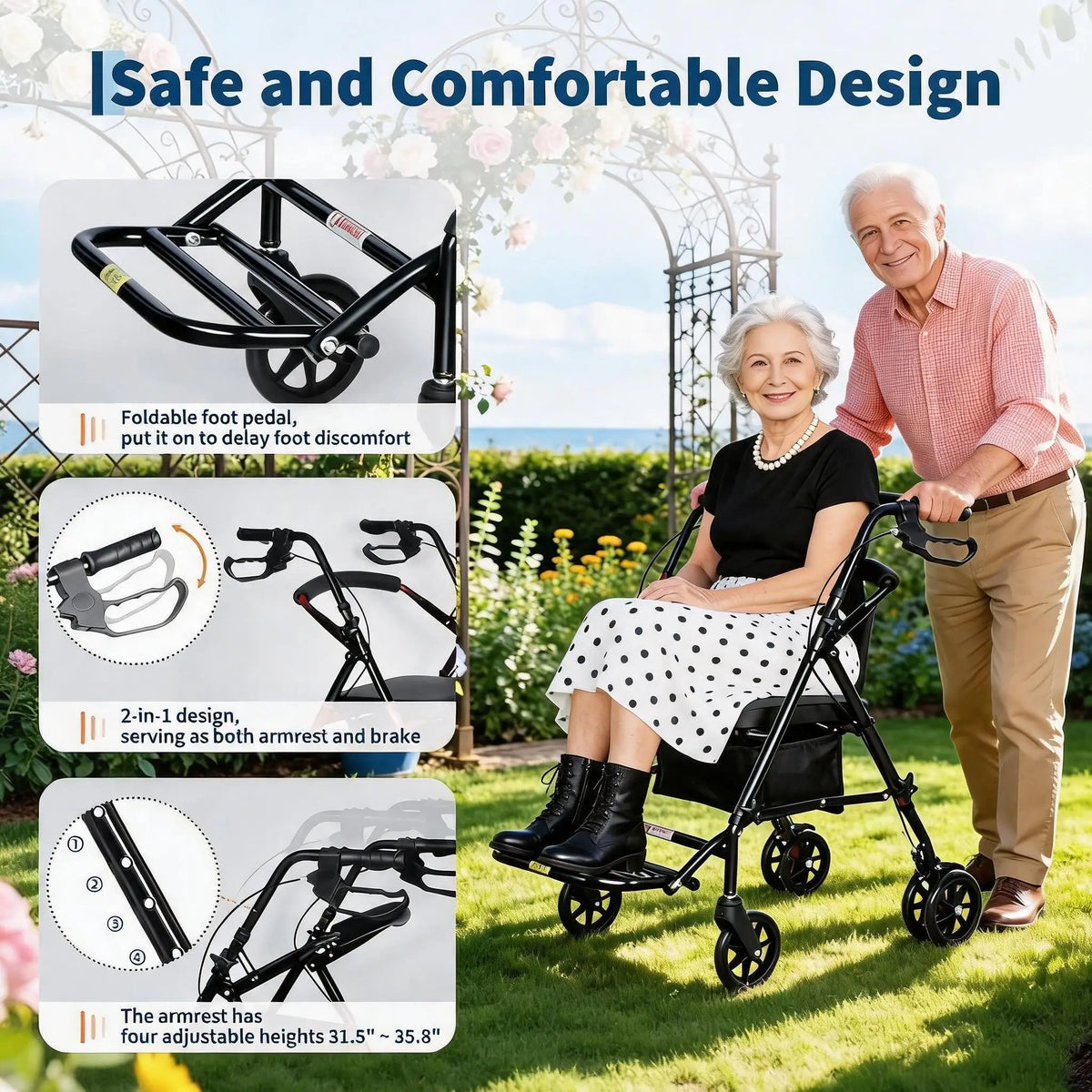 2-in-1 Rollator Rollstuhl Senioren Faltbar mit Sitz Fußstützen bis 136 kg