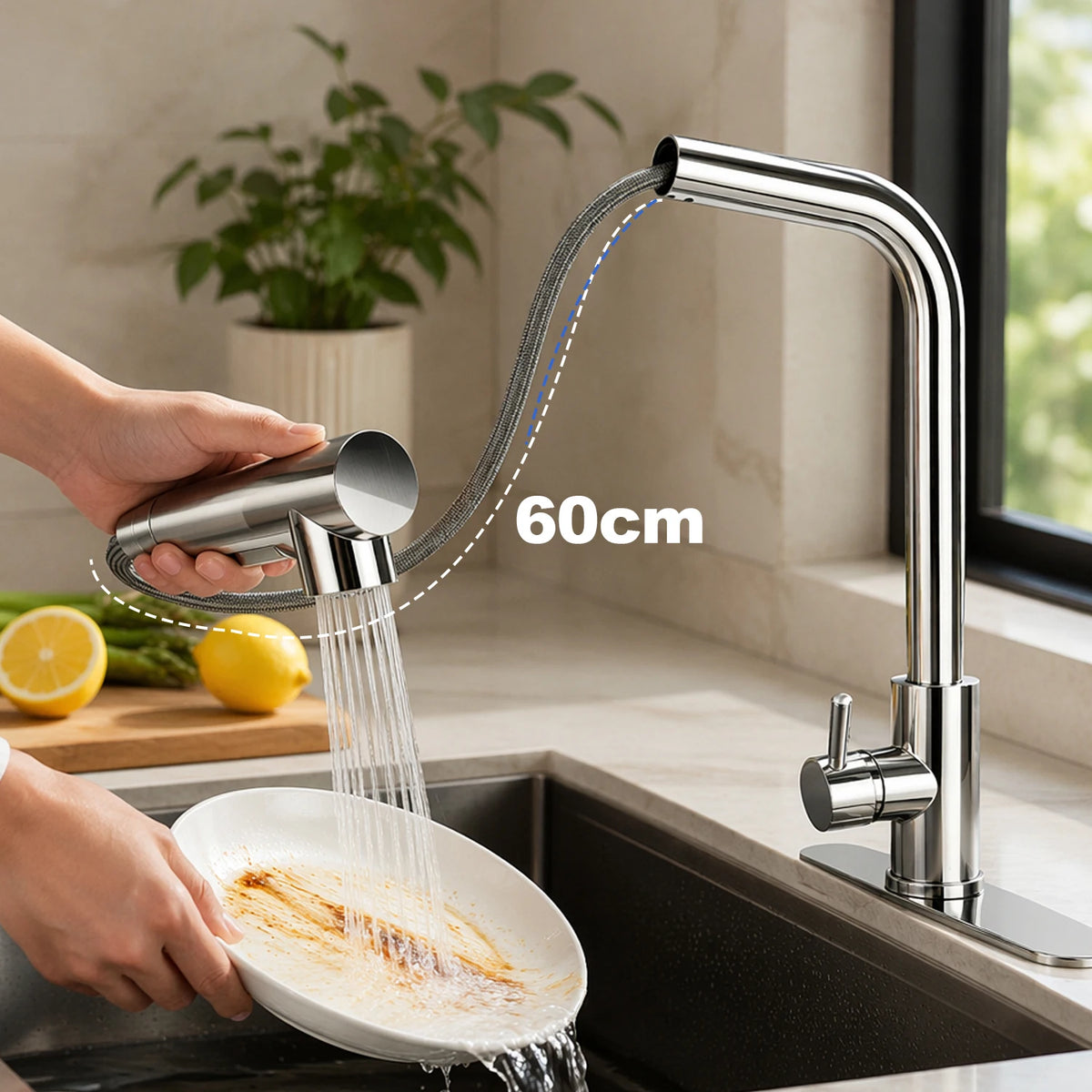 Küchenarmatur Edelstahl 304 – Ausziehbare Spültischarmatur 360° Wasserhahn mit Brause Warm Kalt