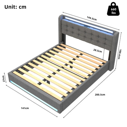 Polsterbett 90x 140x200 160x200 Bettkasten LED USB Stoffbett Doppelbett Bettgestell Grau