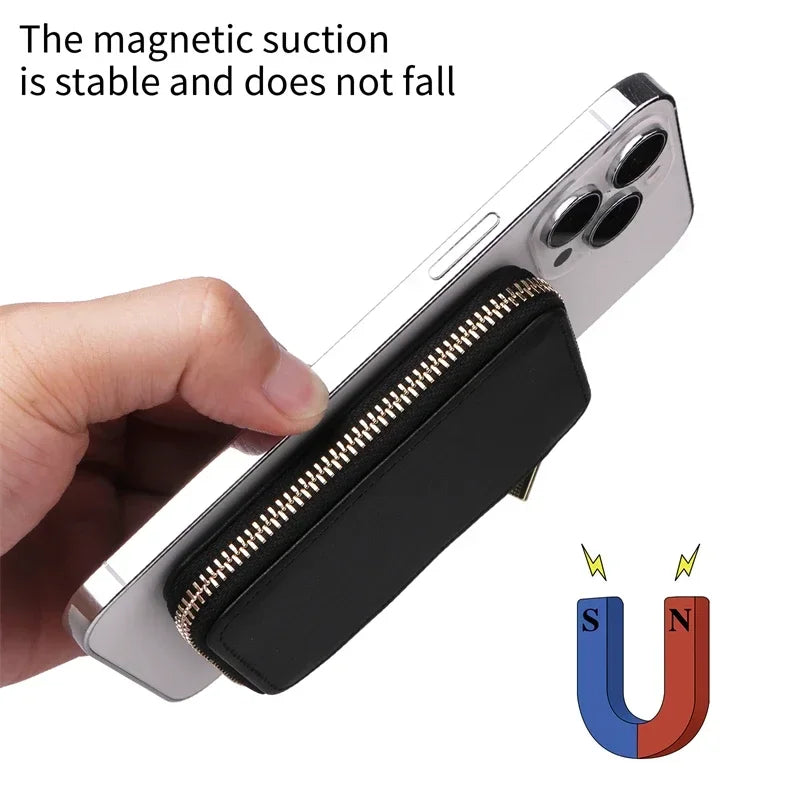 Magnetische Leder Geldbörse-Hülle mit Kartenhalter & Reißverschluss – Handyhülle mit Standfunktion für iPhone 16 / 15 / 14 / 13 / 12 / 11 Pro Max (MagSafe)