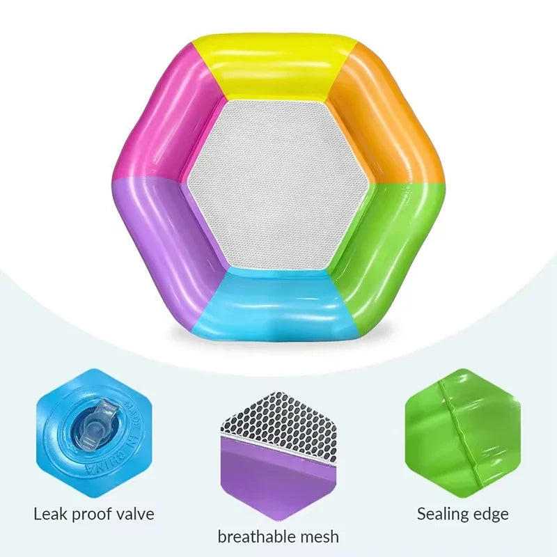 1 Stück Regenbogen-Hexagon aufblasbare Pool-Luftmatratze mit Netz-Sitzfläche, Wasser-Hängematte für Erwachsene, Sommer-Schwimmbad-Luftliege für Partys
