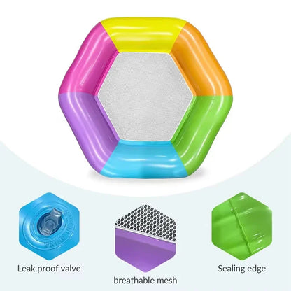 1 Stück Regenbogen-Hexagon aufblasbare Pool-Luftmatratze mit Netz-Sitzfläche, Wasser-Hängematte für Erwachsene, Sommer-Schwimmbad-Luftliege für Partys