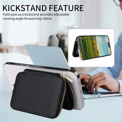 Magnetische Leder Geldbörse-Hülle mit Kartenhalter & Reißverschluss – Handyhülle mit Standfunktion für iPhone 16 / 15 / 14 / 13 / 12 / 11 Pro Max (MagSafe)