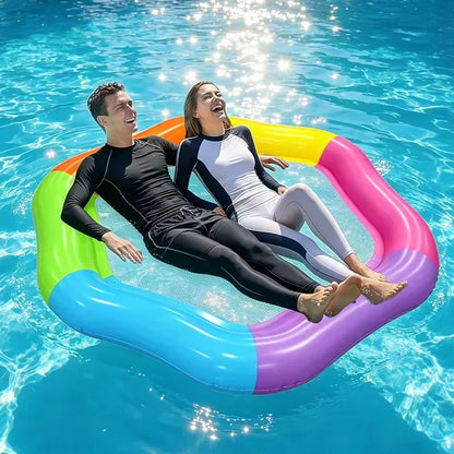 1 Stück Regenbogen-Hexagon aufblasbare Pool-Luftmatratze mit Netz-Sitzfläche, Wasser-Hängematte für Erwachsene, Sommer-Schwimmbad-Luftliege für Partys