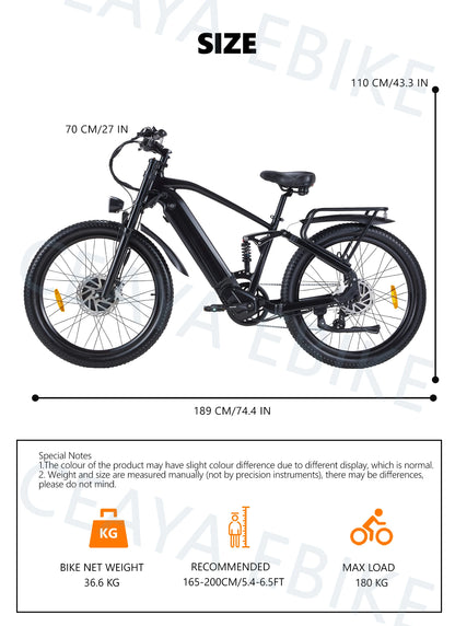 26-Zoll Power E-Mountainbike für Erwachsene 2000W Fat Tire E-Bike Dual Motor Hydraulic Brake - mit 36-monatiger Gewährleistung