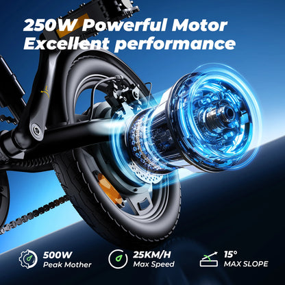E-Bike – 14" Faltbares Elektrofahrrad mit 250W Motor 36 V / 7,5 Ah, LCD-Display | Citybike bis 25 km/h