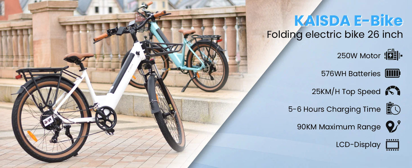 26-Zoll Trekking E-Bike / Citybike | 36 V 16 Ah Lithium Akku - Robustes Modell für zwei Personen – mit 36-monatiger Gewährleistung