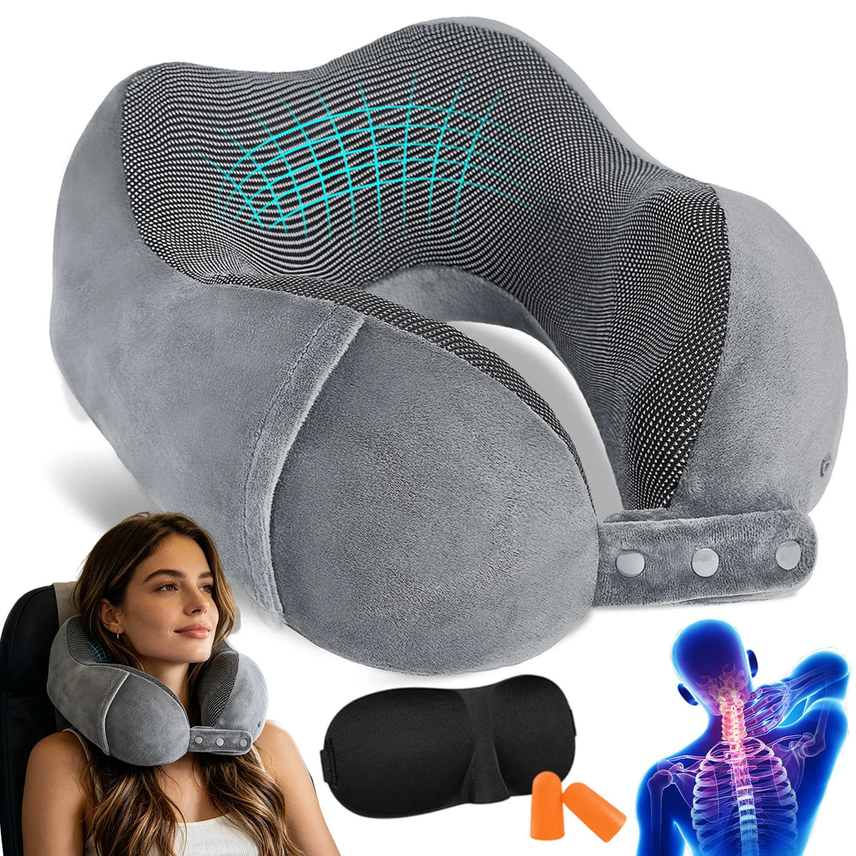 Reisekissen Set Memory Foam – Nackenkissen mit Schlafmaske Ohrstöpseln & Tragetasche Flug Reise
